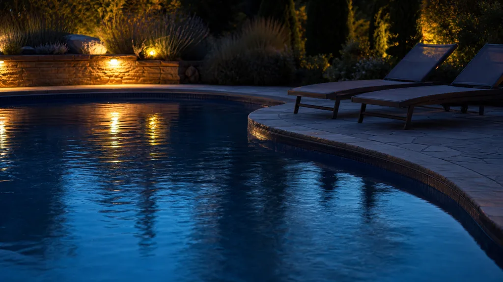 An empty backyard pool at dusk with still water reflecting deep navy sky, an empty lounge chair on stone coping, a rolled towel and a closed umbrella, no people