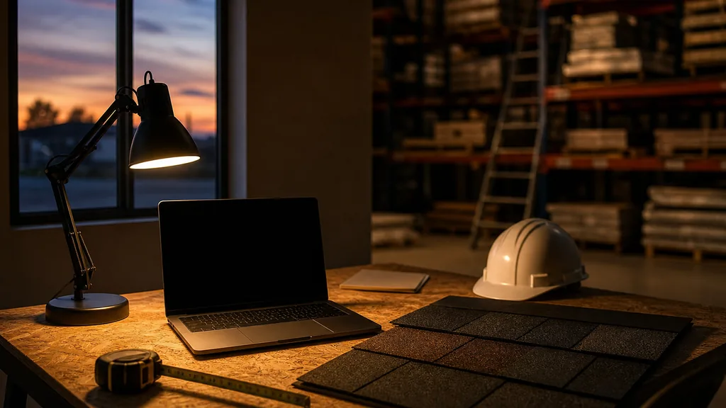 An empty roofing contractor workshop at dusk with a stack of asphalt shingles on a workbench, a hard hat, a coiled tape measure and a blank tablet under a single warm lamp