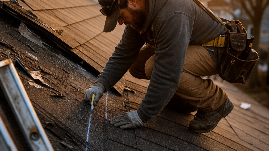 Roofing crew foreman marking a tear-off section with a chalk line on a shingled residential roof at golden hour