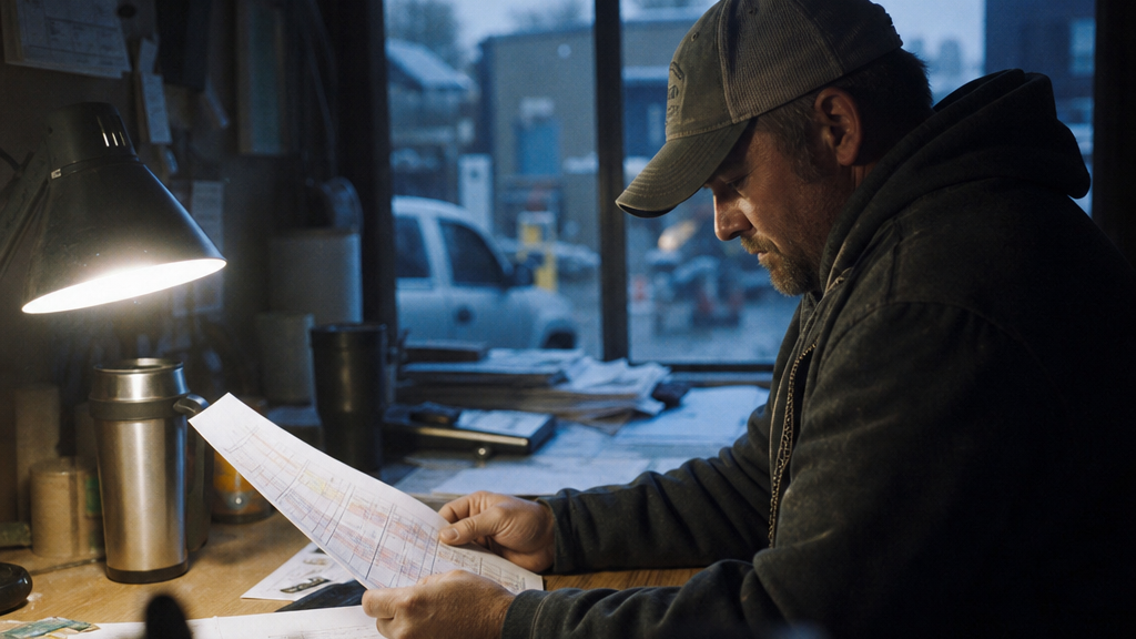 Roofing company owner checking a printed job schedule at a site trailer desk in early morning light