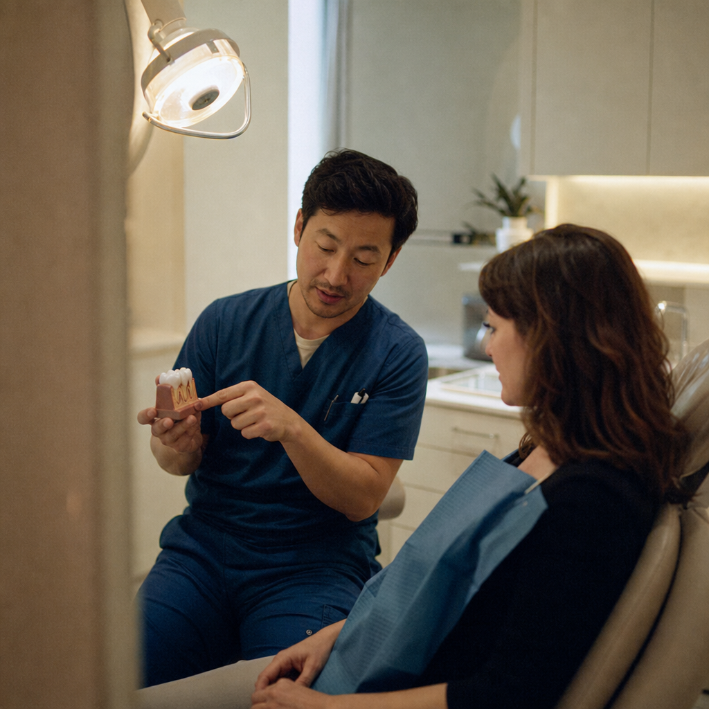 Dentist in scrubs explaining treatment to a seated patient using a small model in a bright treatment room