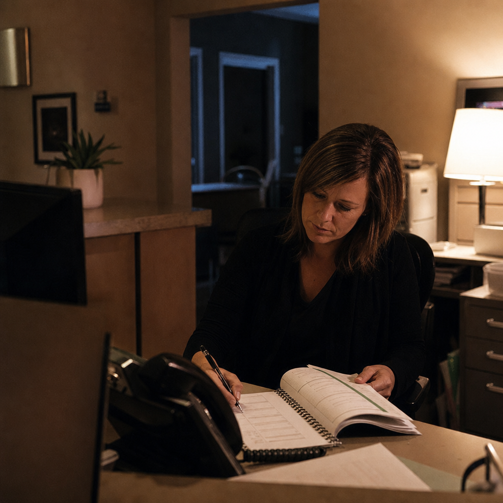 Dental practice office manager reviewing the appointment book at the front desk after hours beside a desk phone