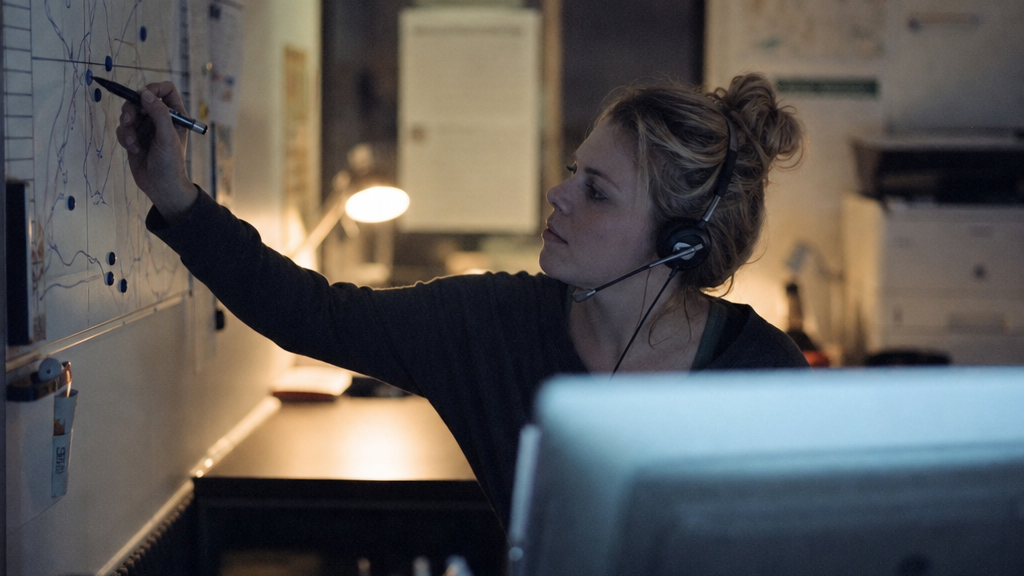 HVAC dispatcher marking a whiteboard route of service calls in a small back office at dawn