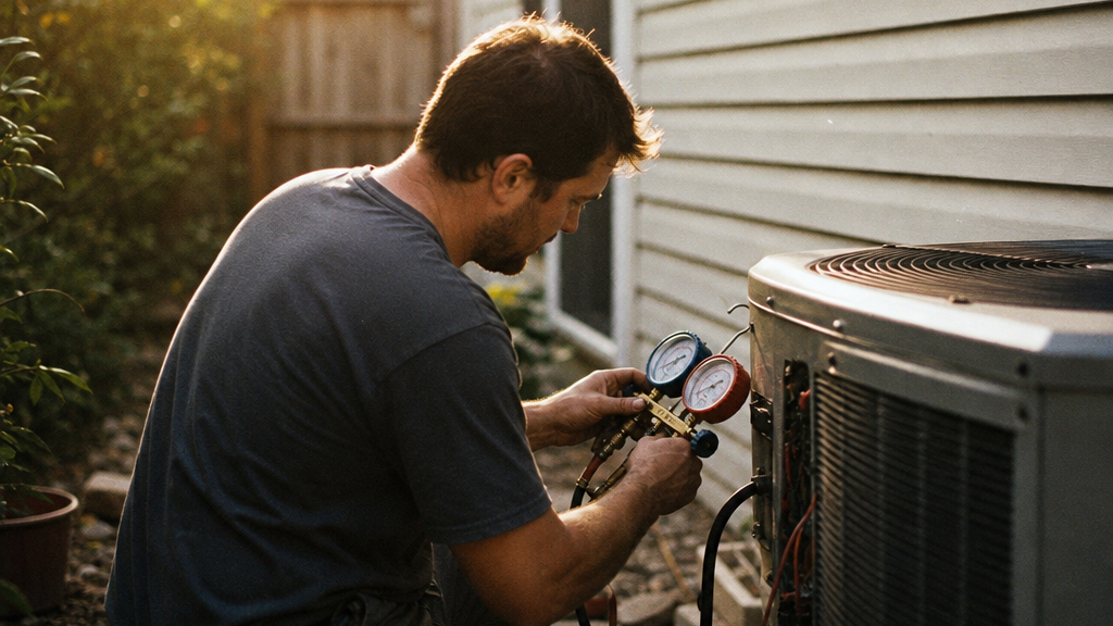 HVAC technician kneeling beside a suburban condenser unit with manifold gauges in hand during a heat wave