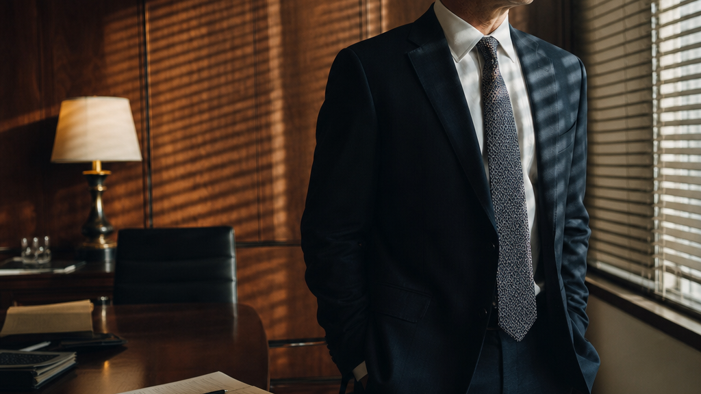 Personal injury attorney standing at a conference room window in late afternoon light with an open case file behind