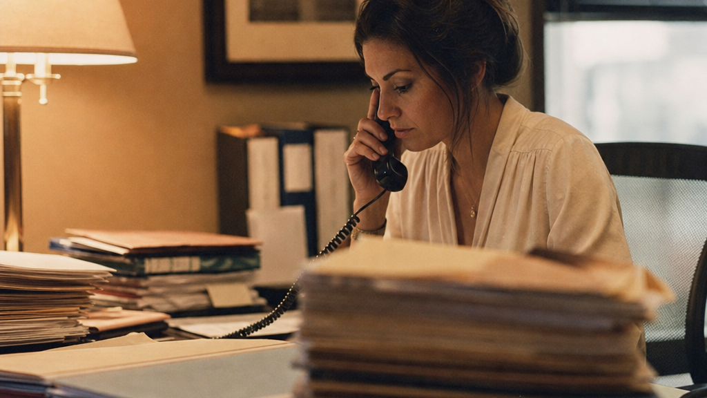 Paralegal on the phone at a law office desk stacked with medical record folders under a desk lamp