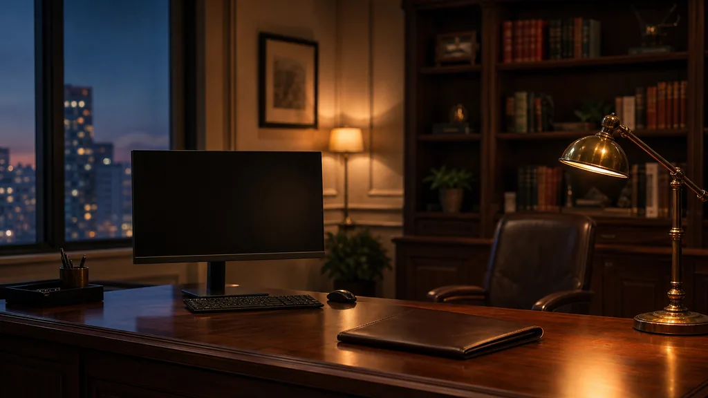 An empty independent financial advisory office at dusk with a dark monitor and a closed leather portfolio on a walnut desk, a brass lamp and bookshelves in shadow