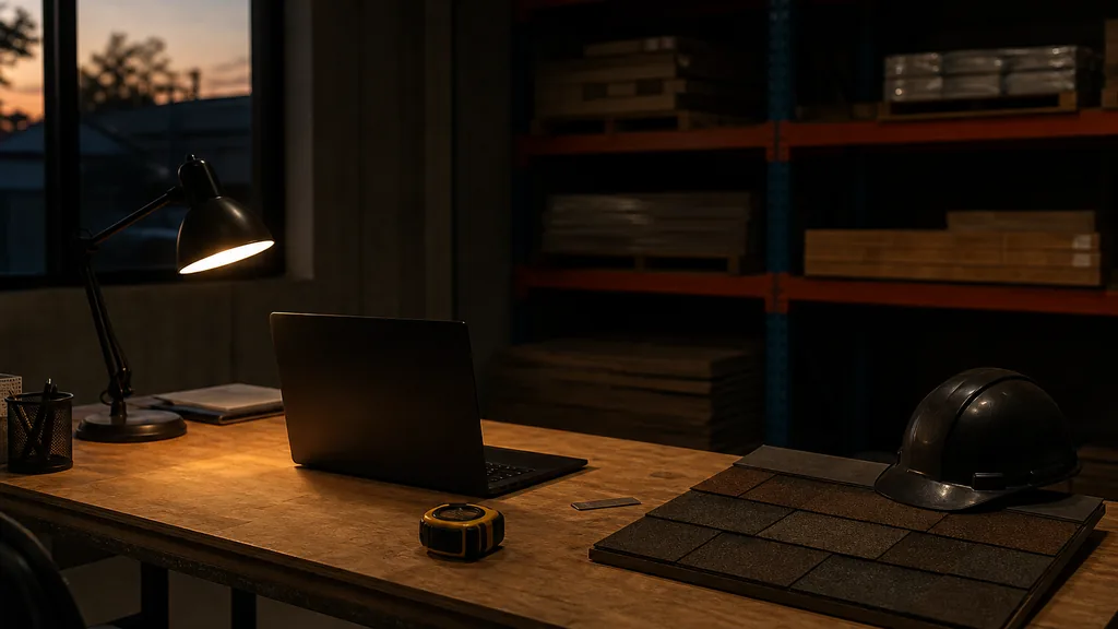 An empty roofing company back office at dusk with a dark laptop on a plywood desk, a shingle sample board, a tape measure and a hard hat, warehouse racking in shadow
