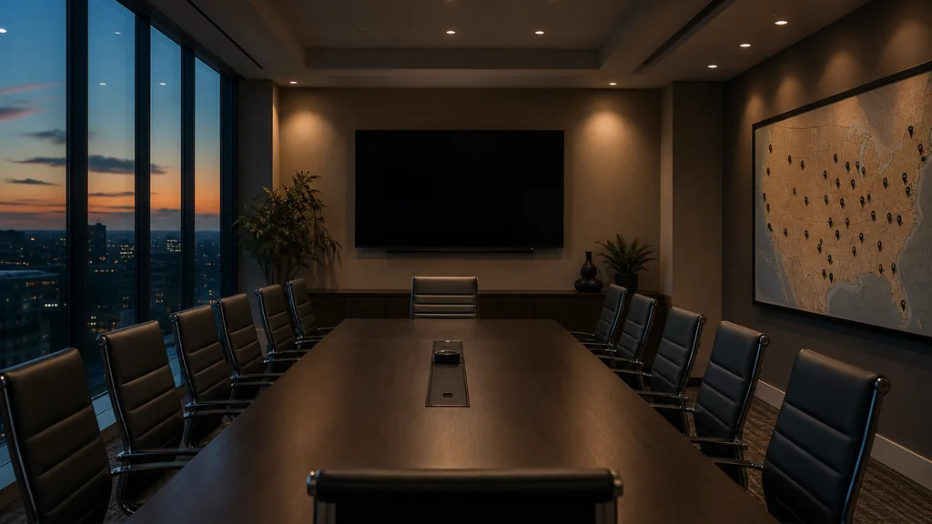 An empty franchise headquarters meeting room at dusk with a long table of empty chairs, a dark wall screen and a pinned map of locations under warm downlights