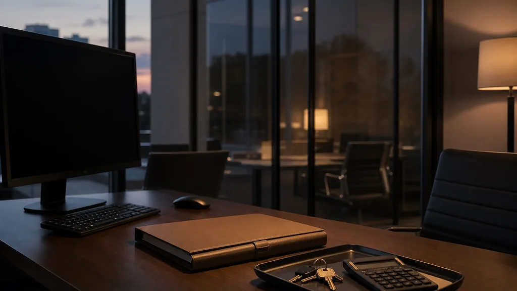 An empty mortgage brokerage office at dusk with a dark monitor and a closed loan file on a desk, a calculator and keys on a tray, a glass partition in shadow