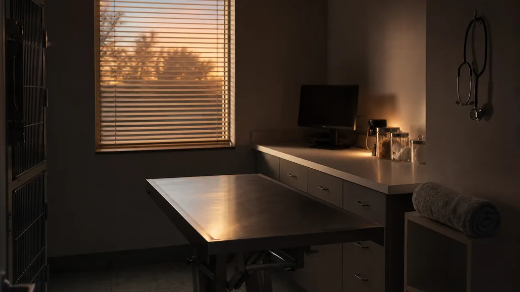 An empty veterinary clinic exam room at dusk with a stainless exam table, a rolled towel and a stethoscope on a hook, a dark monitor on the counter