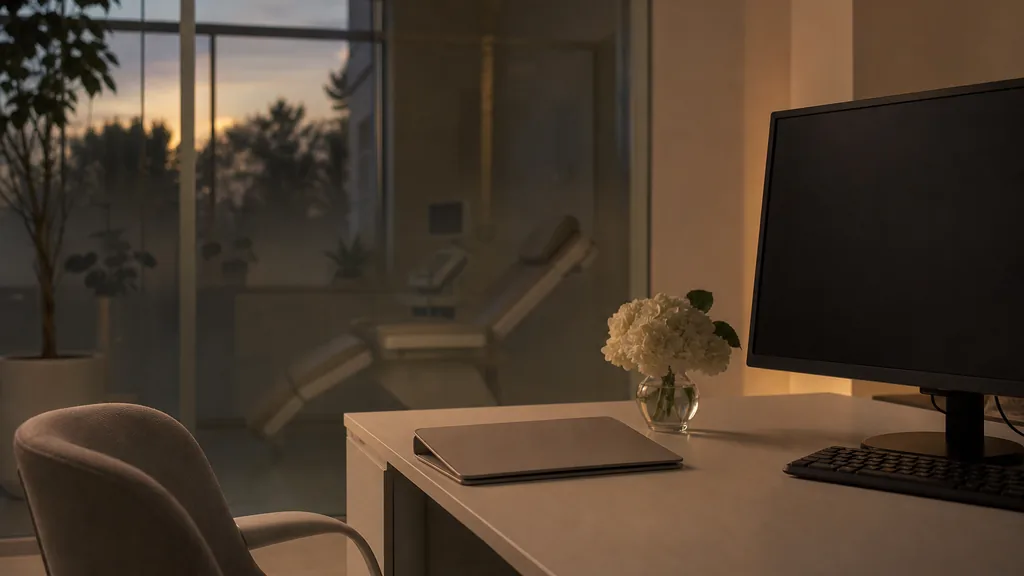 An empty fertility clinic consultation room at dusk with a dark monitor and a closed patient folder on a pale desk, a small vase of white flowers and a glass partition in shadow