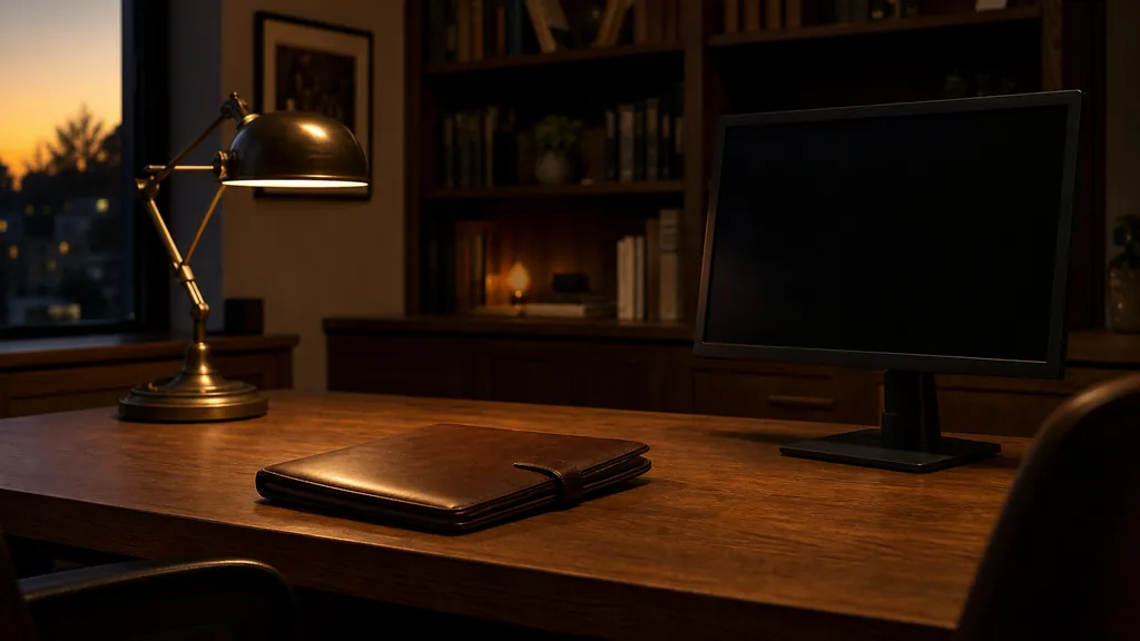 An empty independent financial planning office at dusk with a dark monitor and a closed leather portfolio on an oak desk, a brass lamp and bookshelves in shadow