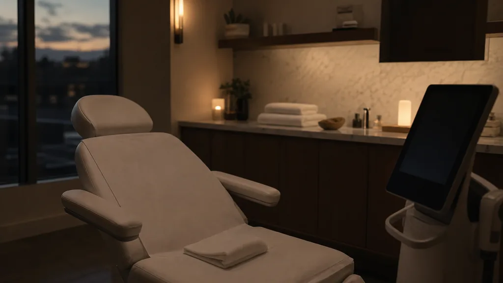 An empty medical spa treatment room at dusk with a reclined treatment chair, folded white towels and a dark equipment screen, a marble counter in shadow