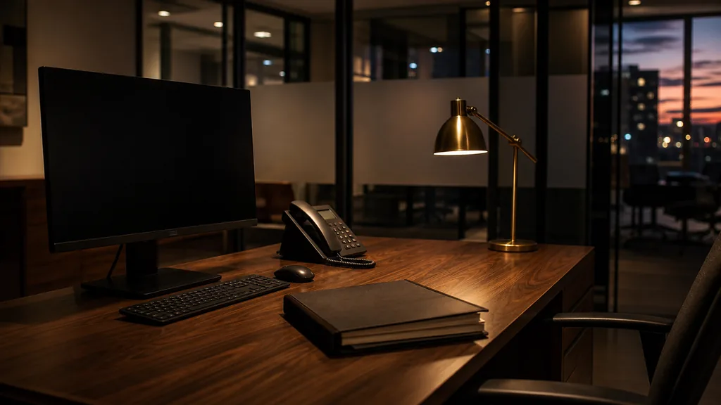 An empty mortgage brokerage office at dusk with a closed loan file and a desk phone on a walnut desk