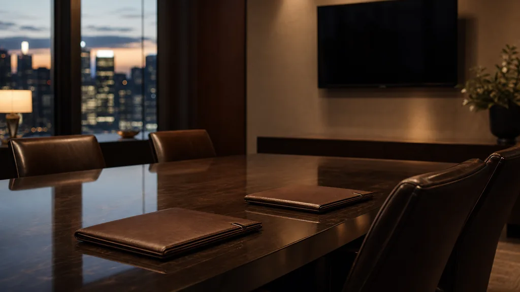 An empty private wealth advisory meeting room at dusk with closed leather folders on a long polished table