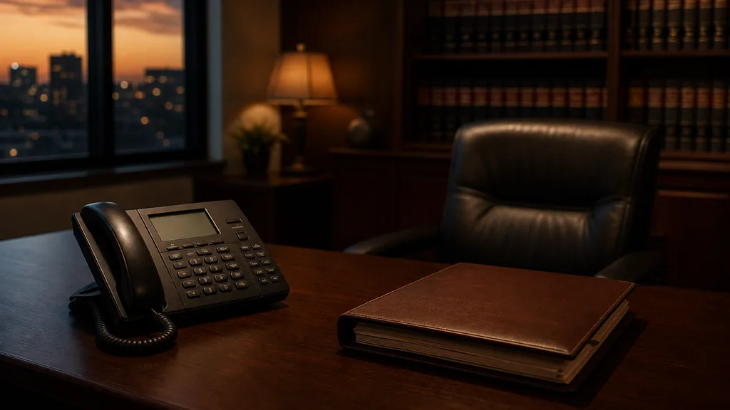 An empty personal injury law firm intake office at dusk with a desk phone and a closed case folder