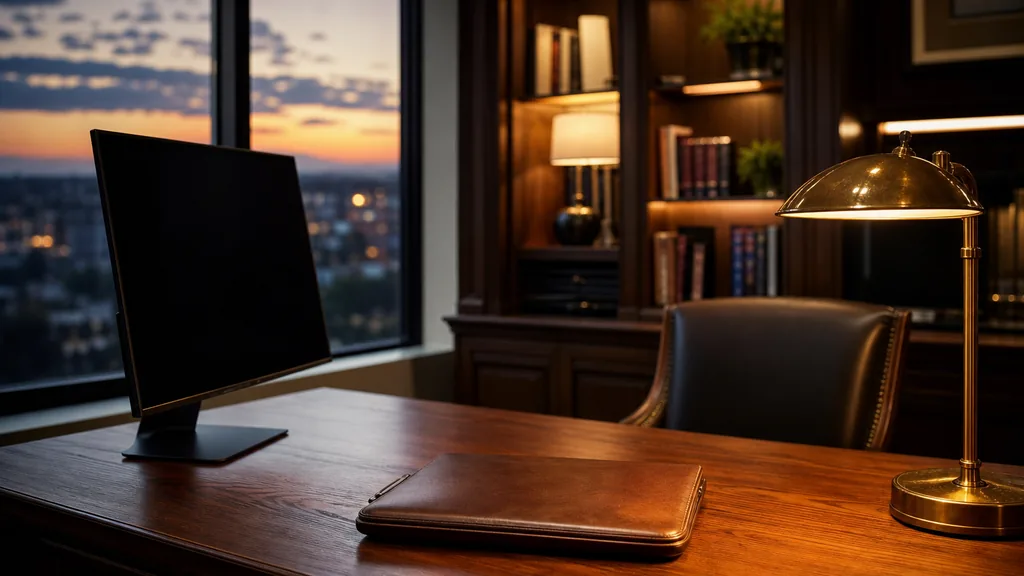 An empty independent financial planning office at dusk with a dark widescreen monitor and a closed leather portfolio on an oak desk, a brass lamp and bookshelves in shadow