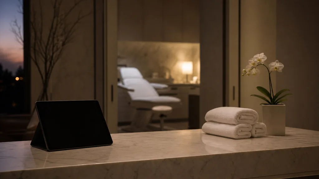 An empty medical spa reception at dusk with a dark tablet on a marble counter, folded white towels and a small orchid, a treatment room doorway in shadow