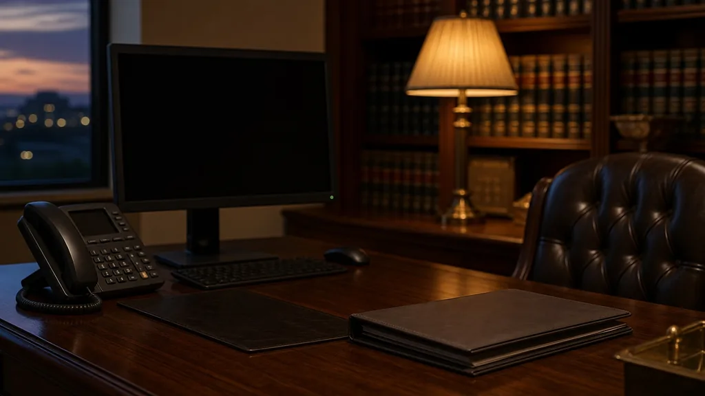 An empty law office at dusk with a dark monitor and a closed case file beside a desk phone on a walnut desk, law-book shelves in shadow