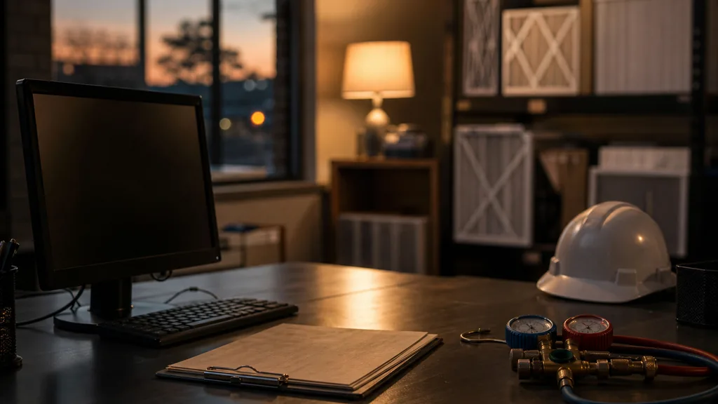 An empty HVAC contractor front office at dusk with a dark monitor and a closed work order clipboard on a metal desk, a hard hat and gauges, filter shelving in shadow