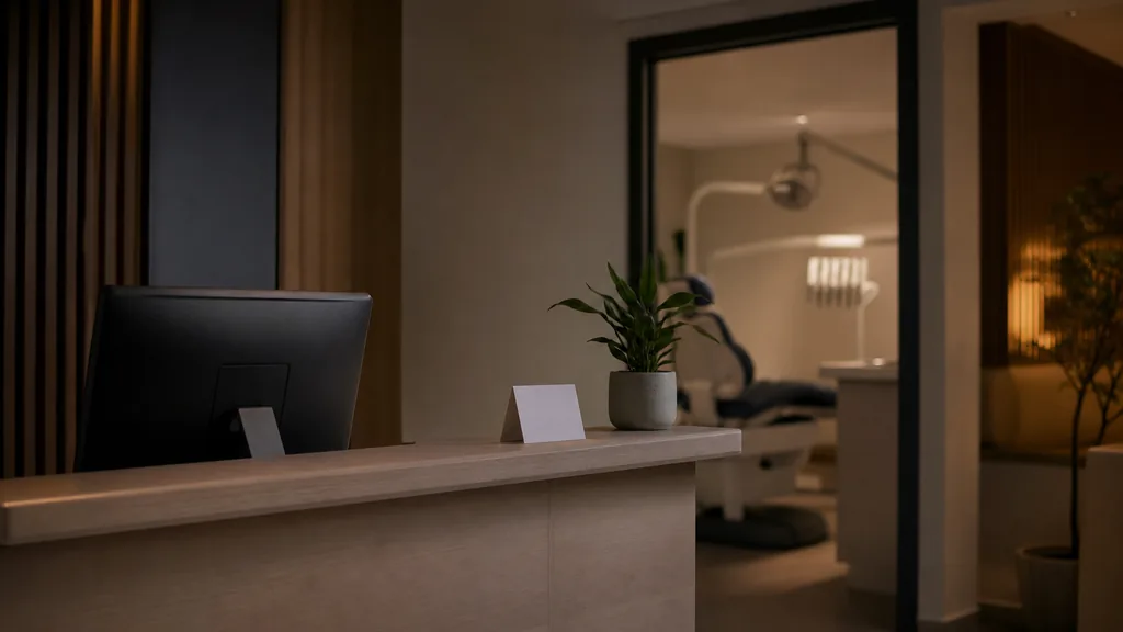 An empty modern dental practice reception at dusk with a dark monitor on a pale wood counter, a small potted plant and a folded appointment card, a treatment room doorway in shadow