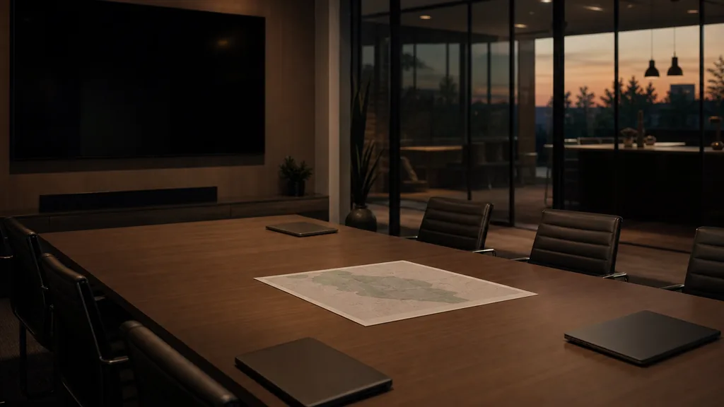 An empty franchise brand headquarters meeting room at dusk with a dark wall display, a long table with closed laptops and a regional map printout, a glass partition in shadow