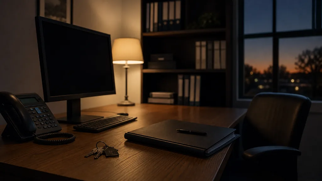 An empty mortgage brokerage office at dusk with a dark monitor and a closed loan folder beside a desk phone and house keys on an oak desk, filing shelves in shadow
