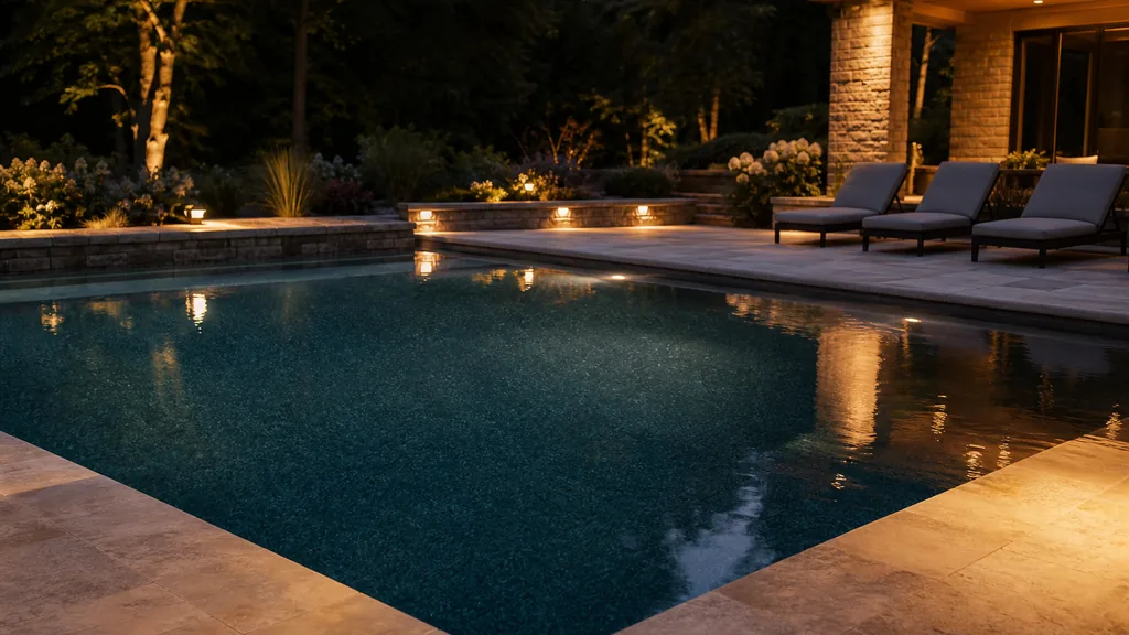 A finished custom inground swimming pool at dusk in a landscaped backyard with still water reflecting warm patio lights, stone coping and empty loungers, planting in shadow