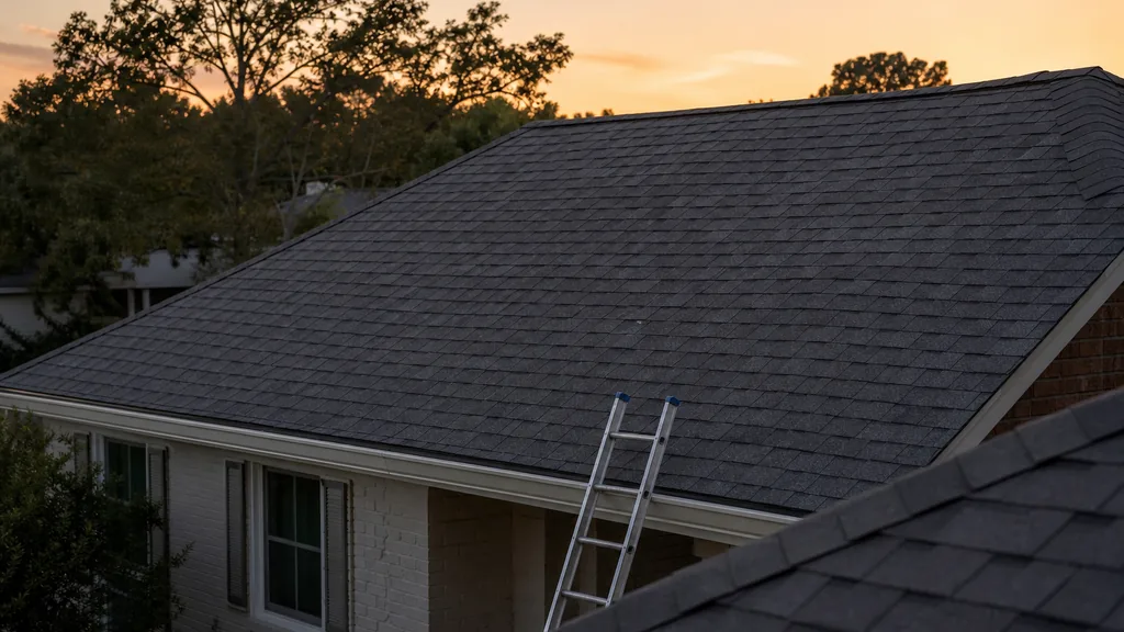 A residential asphalt shingle roof at dusk photographed from an adjacent rooftop with new shingles and a clean ridge line, an extension ladder resting against the fascia, a suburban treeline in shadow