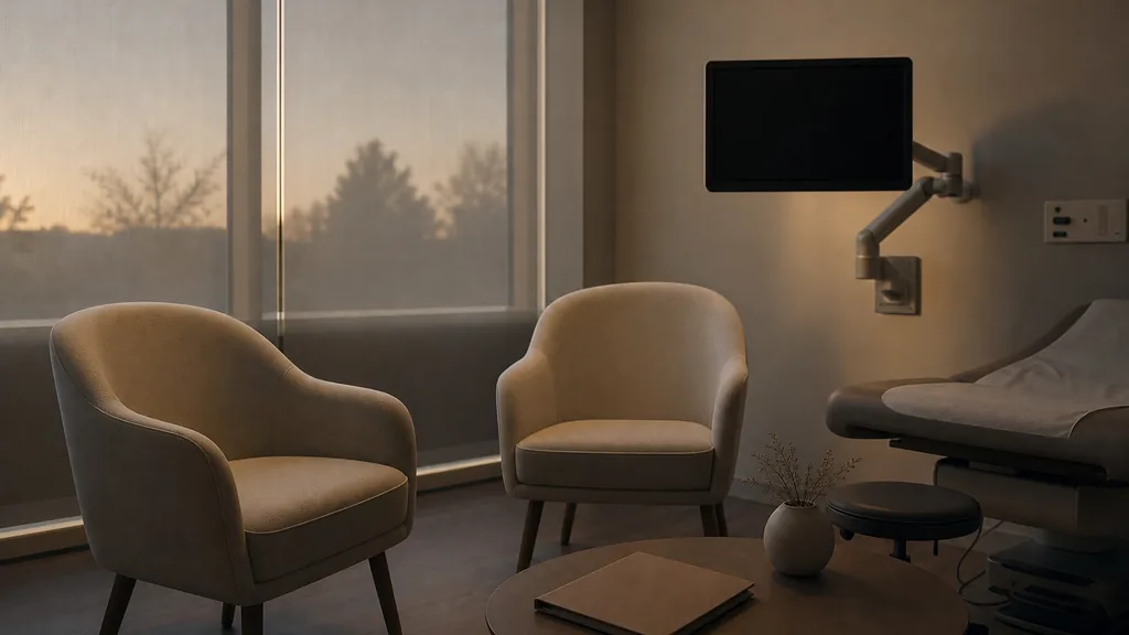 An empty fertility clinic consultation room at dusk with two pale armchairs beside a low table holding a closed folder and a small vase, a dark wall-mounted monitor, window blinds in shadow