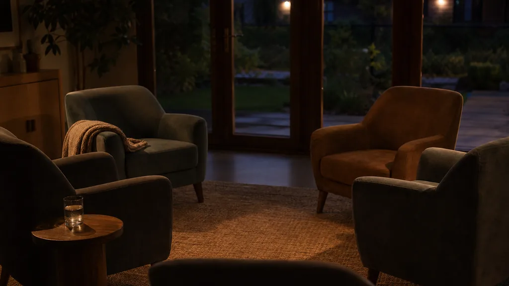 An empty residential treatment centre common room at dusk with a circle of soft armchairs on a woven rug, a side table holding a glass of water, garden doors in shadow