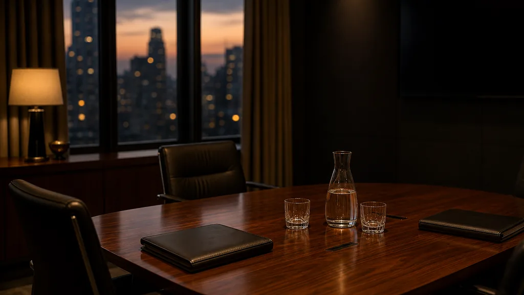 An empty private wealth advisory meeting room at dusk with a polished walnut table holding two closed leather folios and a carafe, a dark wall display, a city window in shadow