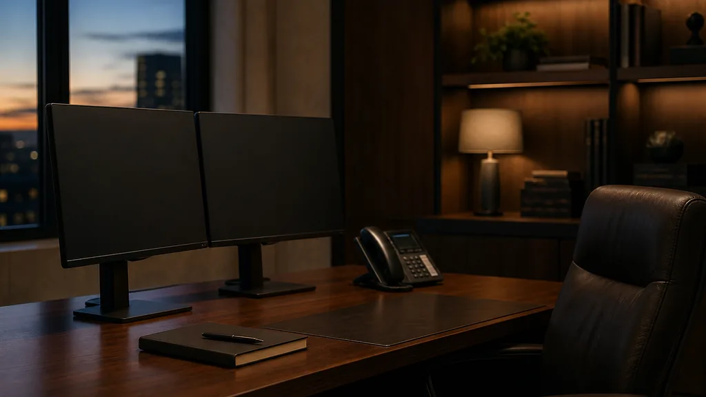 An empty advisory practice operations desk at dusk with two dark monitors on a walnut desk beside a closed notebook and a desk phone, shelving in shadow