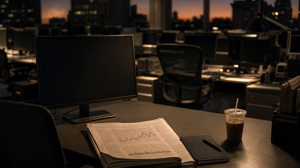 An empty financial newsroom desk at dusk with a dark monitor beside a folded broadsheet financial newspaper, a notebook and a cold coffee cup, open-plan desks in shadow