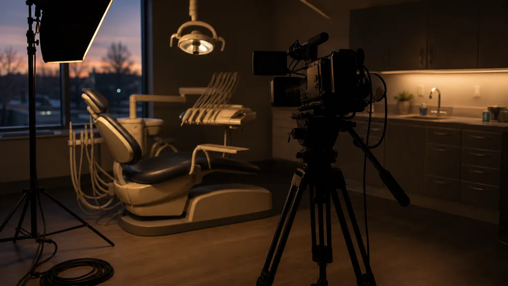 An empty dental operatory at dusk set up as a film set with a video camera on a tripod facing the dental chair and a softbox light stand, cabinetry in shadow