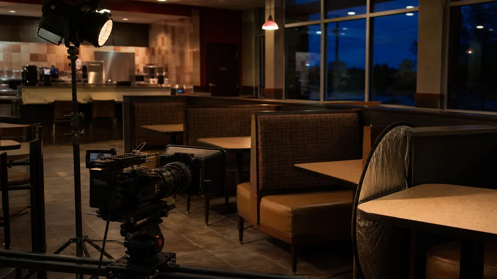 An empty franchise brand studio at dusk with a video camera on a tripod facing a set counter, light stands and a coiled cable on the floor, signage-free walls in shadow