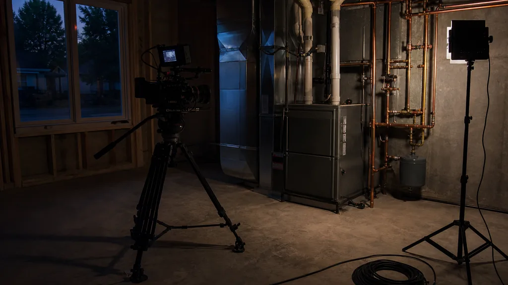 An empty HVAC workshop at dusk with a video camera on a tripod facing a condenser unit on a pallet, a light stand and coiled cable nearby, shelving in shadow