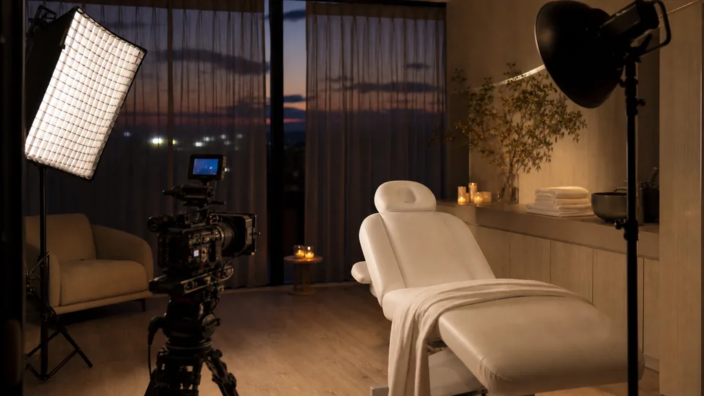 An empty medical spa treatment room at dusk with a video camera on a tripod facing the treatment bed, a light stand and folded towels, cabinetry in shadow