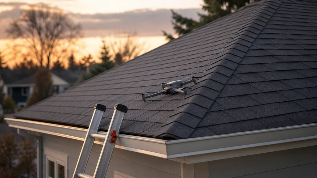 An empty residential roof at dusk with a drone resting on new shingles beside a coiled safety line and a ladder top, rooftops in shadow behind