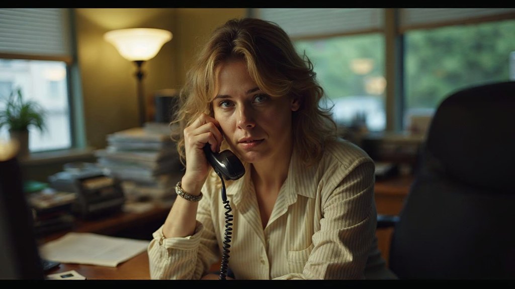 An office manager at a cluttered desk with a landline handset tucked under one ear, photographed in Portland