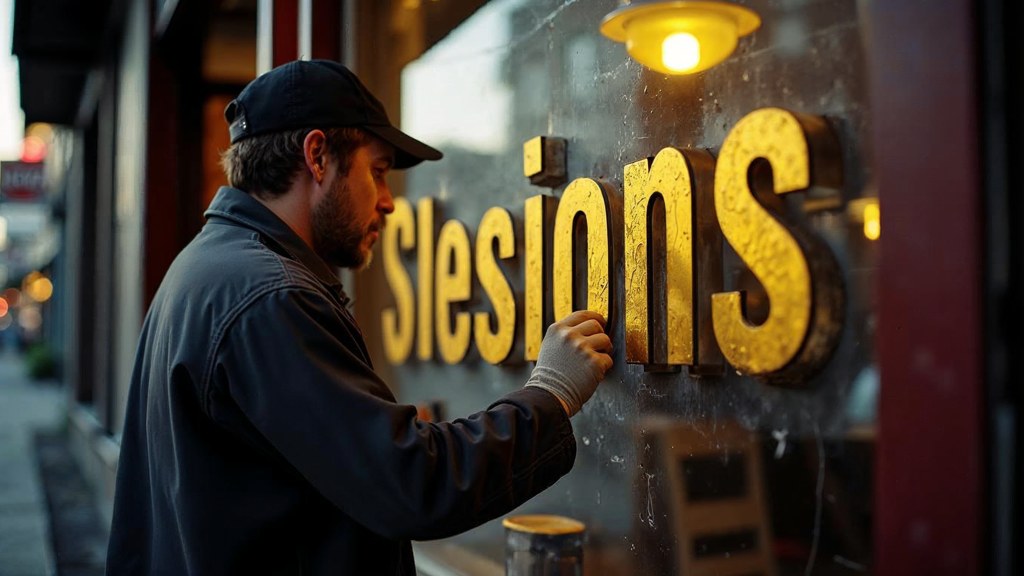 A sign painter finishing gold lettering on a shopfront window from the street side, photographed in Portland