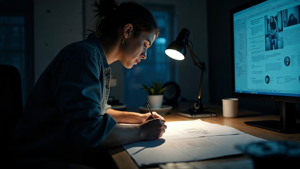 A studio designer sketching a page layout on paper beside a monitor in a dim room, photographed in Portland