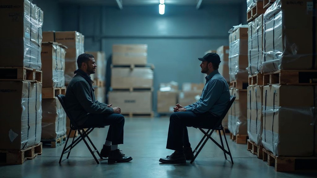 A warehouse supervisor interviewing a candidate on folding chairs beside stacked pallets, photographed in Portland
