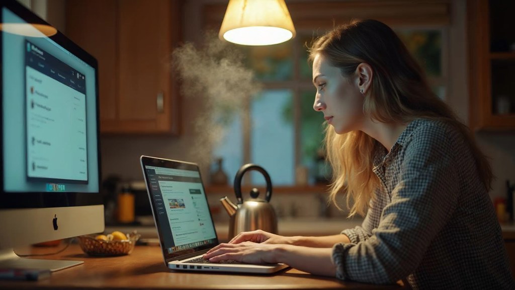 A service-business owner at a kitchen table typing a question into a laptop while a kettle steams behind, photographed in Portland