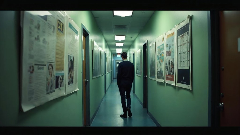 A media planner standing at a wall of printed layouts in a narrow agency corridor, photographed in Portland