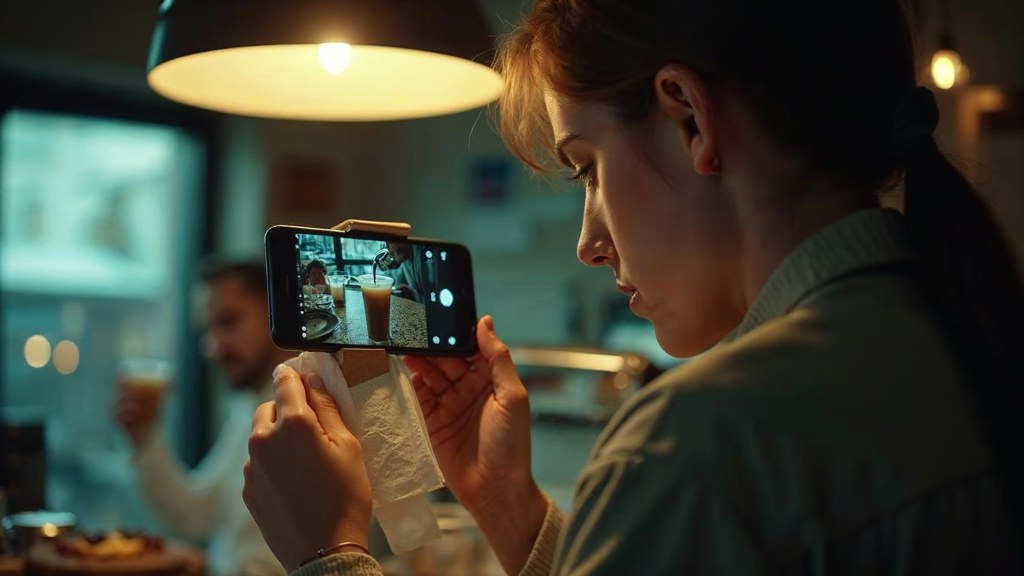 A young cafe worker filming a drink being poured on a phone propped against a napkin holder, photographed in Portland