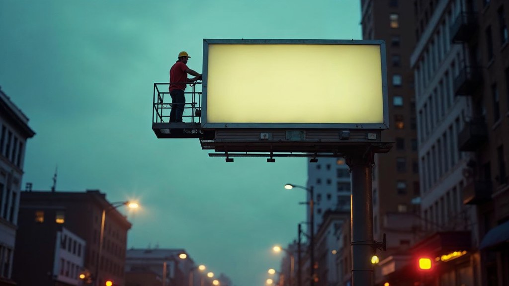 A crew member on a lift installing a blank billboard panel above a busy street, photographed in Portland