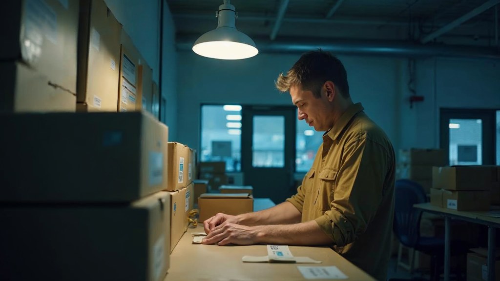 A warehouse worker taping shipping boxes under strip lighting in a small fulfilment room, photographed in Portland