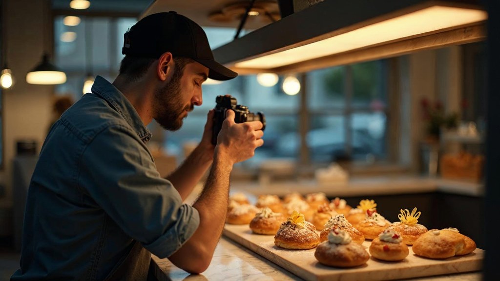 A bakery owner photographing a tray of pastries on a marble counter at dawn, photographed in Portland